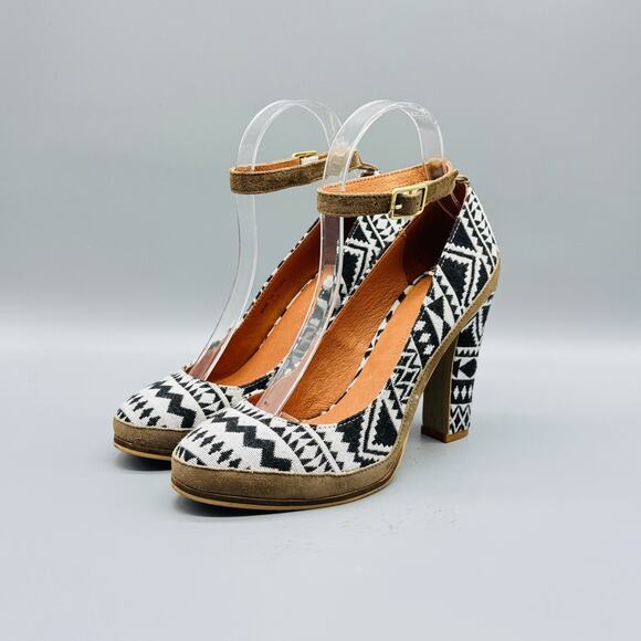 Schuler & Sons Shoes Womens 7.5 Black White Geometric Chunky Heels Anthropologie - Picture 4 of 12